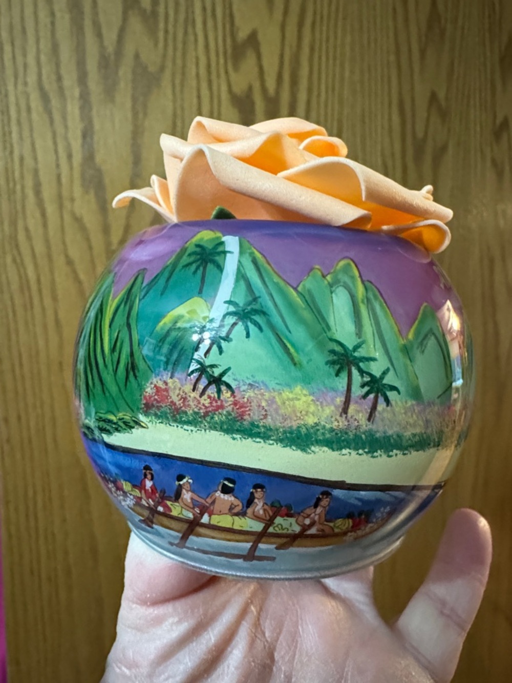 Hand-Painted Hawaiian Scene Glass Vase - candle holder Tropical Colors